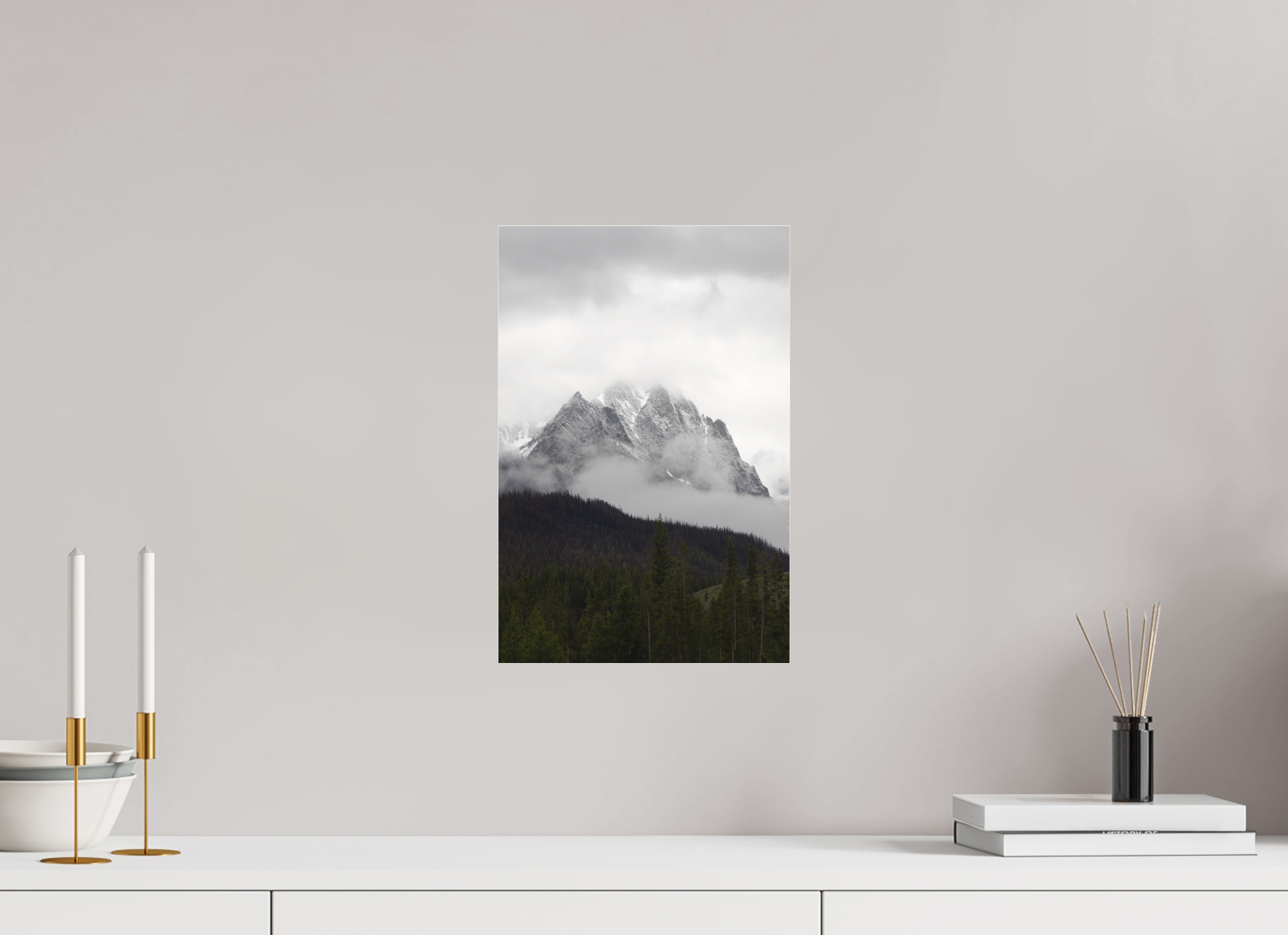 10 x 15″, Matte Glass Foggy Redfish Lake Mountain View