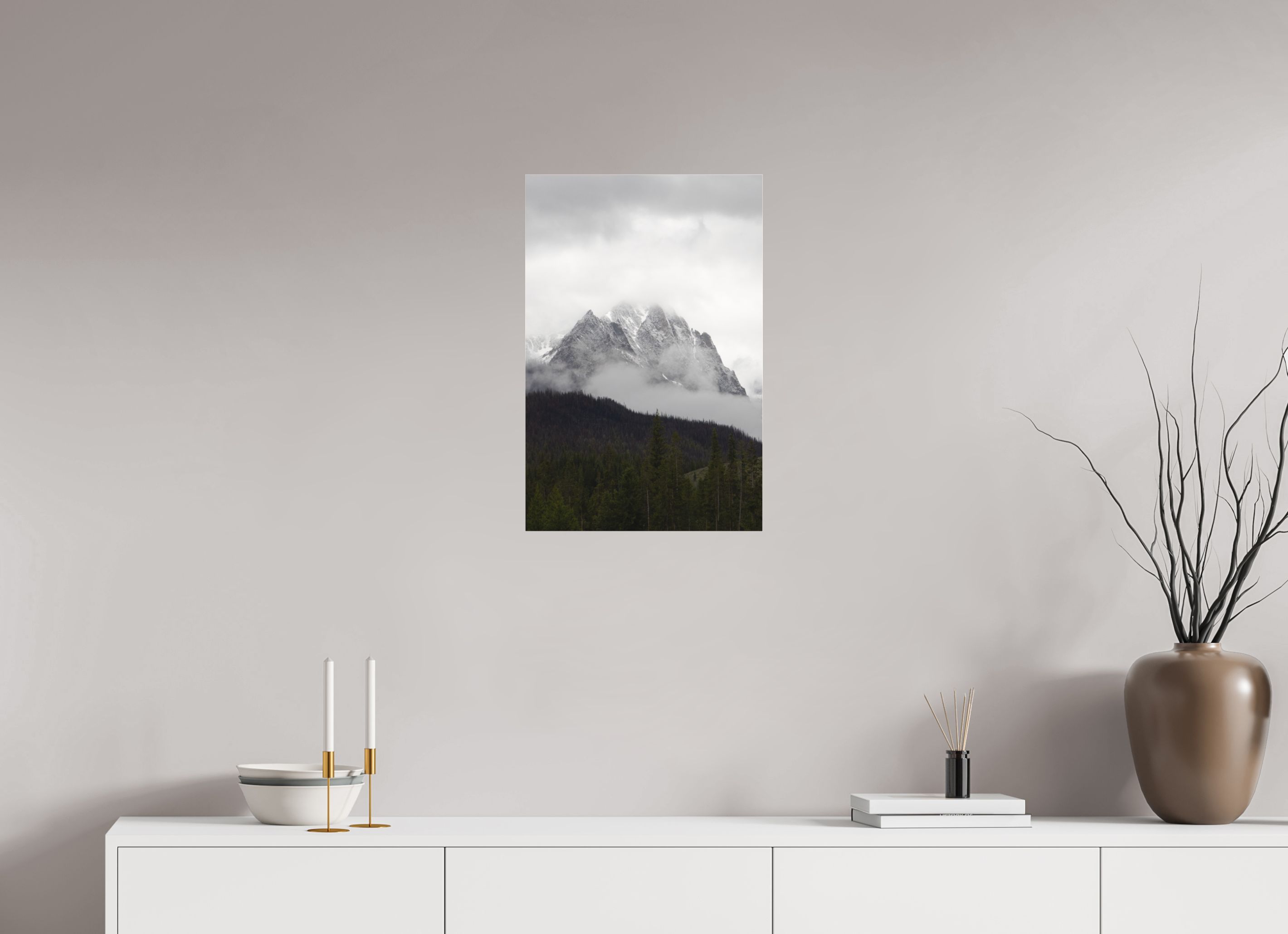 16 x 24″, Matte Glass Foggy Redfish Lake Mountain View