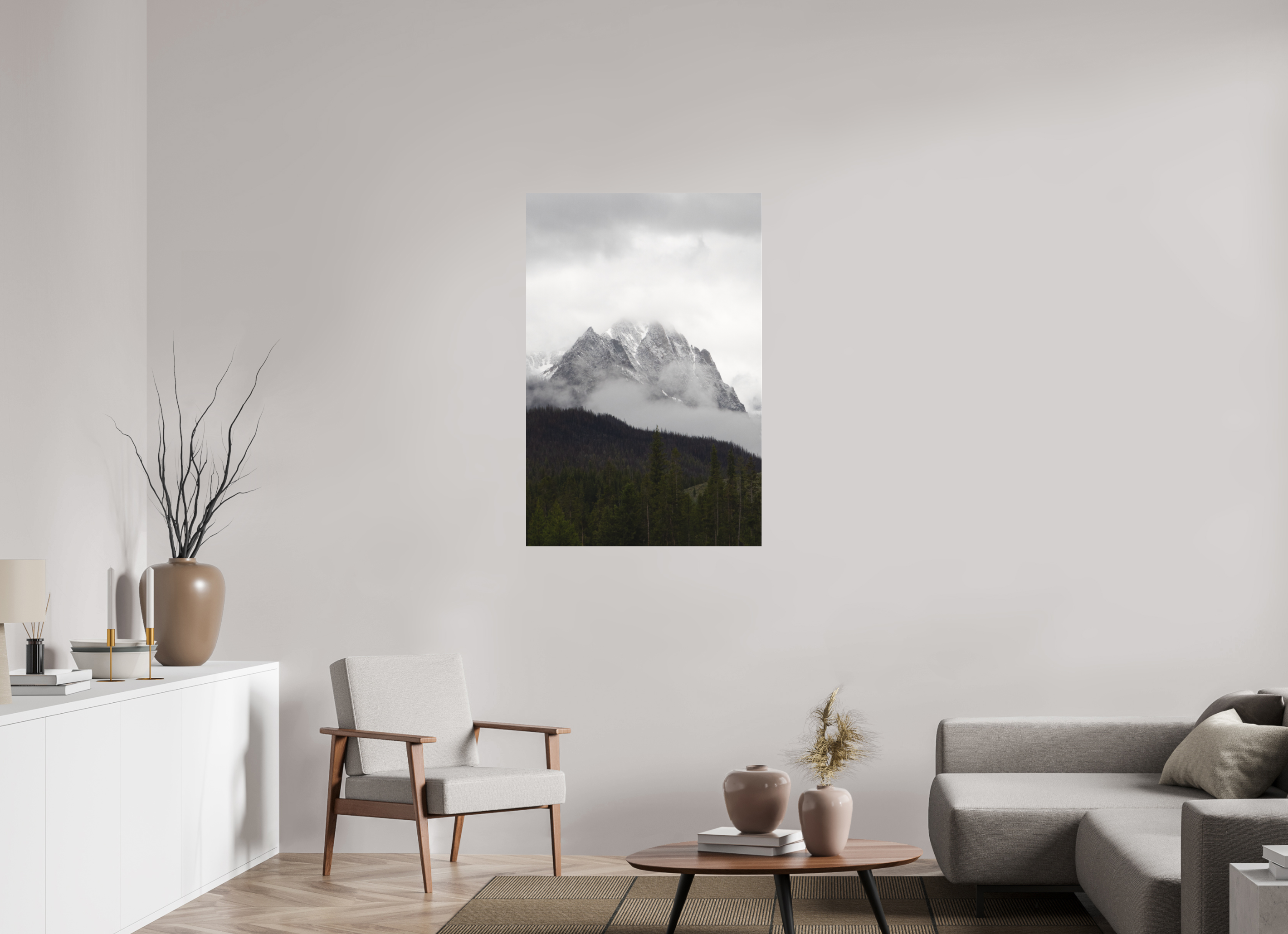 30 x 45″, Matte Glass Foggy Redfish Lake Mountain View